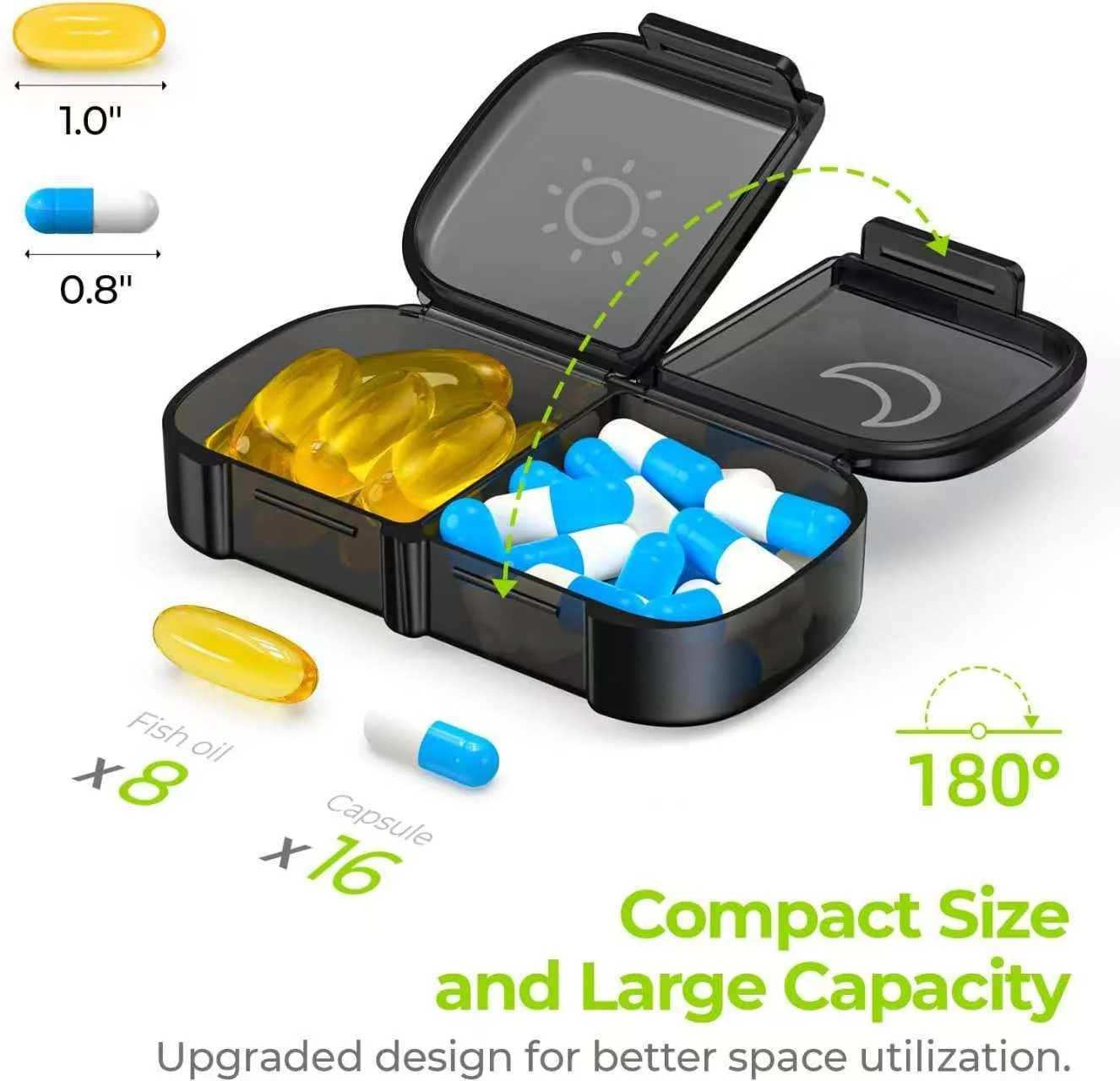 Wöchentlicher Pillenorganizer für 2-mal-tägliche Einnahme, 7-Tage-Pillenbox mit großen Öffnungen auf einer Seite, schwarzer Pillenbehälter mit Sichtschutz für AM/PM – Detail 7