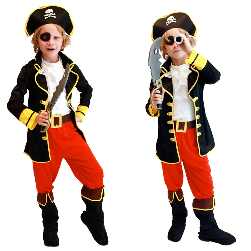 Boy's Caribbean children's pirate costume, Captain Jack Pirate, Skull pirate hat, Cyclops eye mask， Without weapons