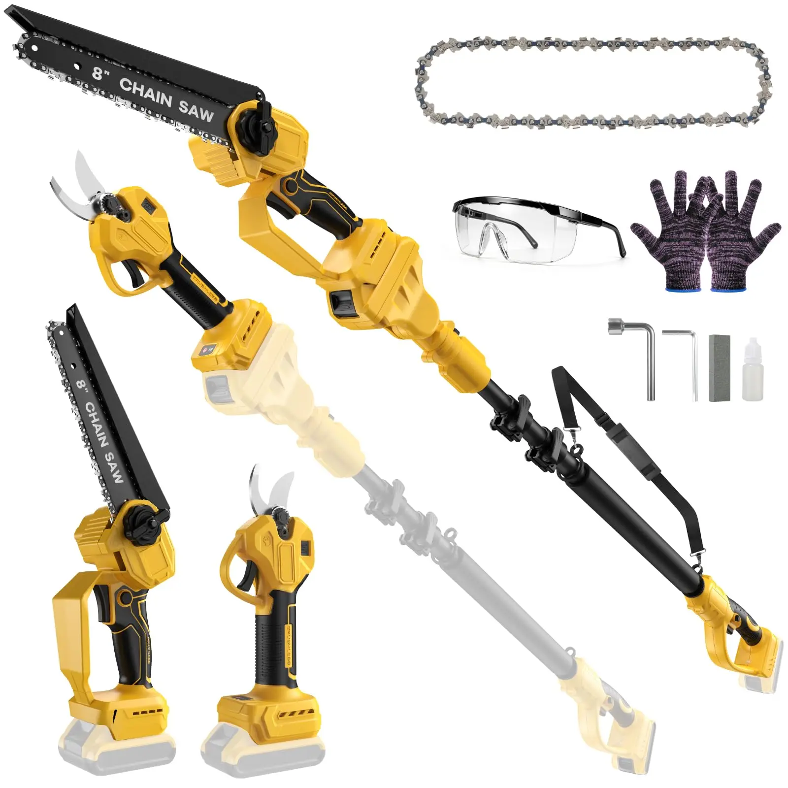 4-in-1 Cordless Pole Saw/Electric Pruning Shears Combo for Dewalt 20V Max (No Brushless 8 Inch Chainsaw/Pole Pruner with 15