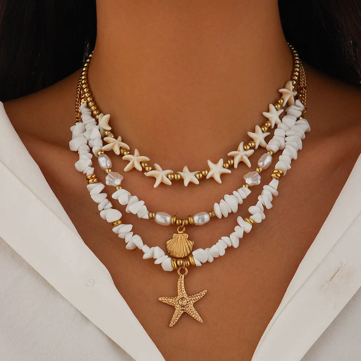 

IngeSight.Z Elegant Luxury Scallop Starfish Pendant Necklace Boho White Stones Imitation Pearl Woman Choker Neck Jewelry