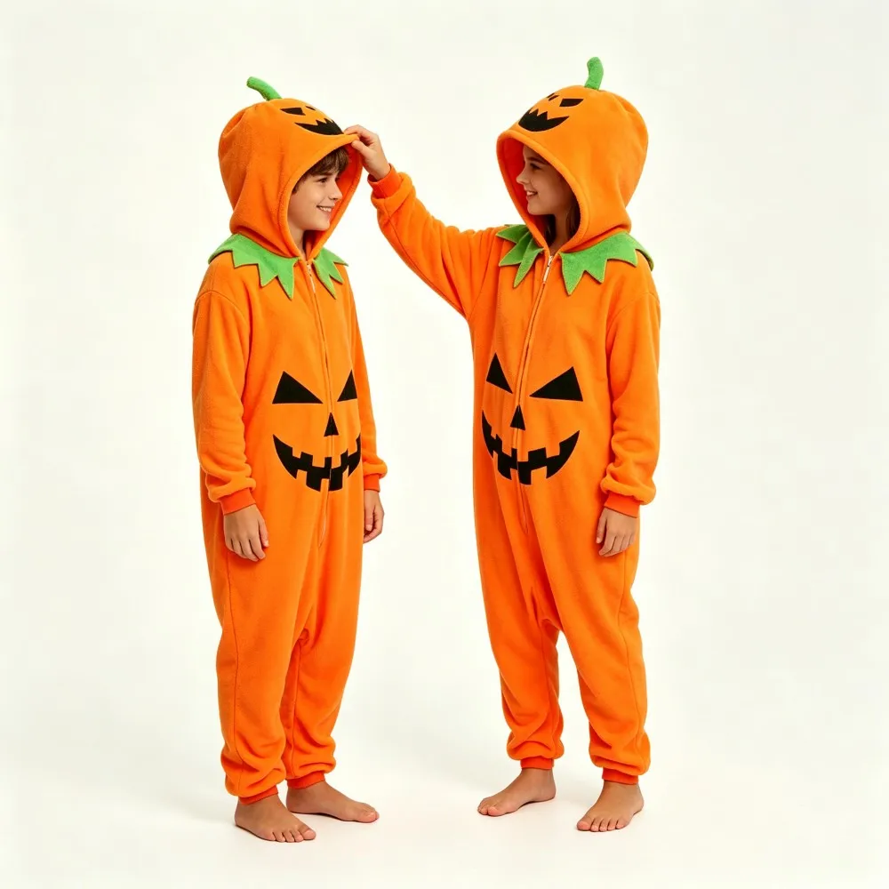 Boys One Piece Hooded Pumpkin Kigurumi Oneises Halloween Cosplay Costume Children Sleepwear Kids Pyjamas Jumpsuits Overall