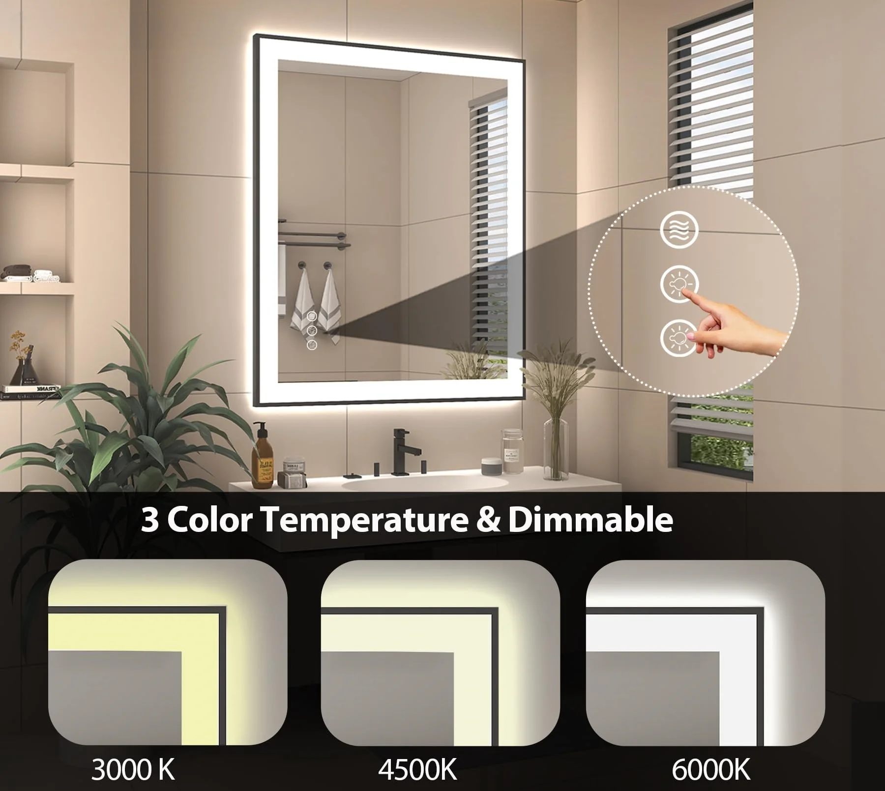 

36 X 32 Inches LED Bathroom Mirror With Front and Backlit Anti-Fog 3 Colors and Dimmable Light Freight Free Mirrors Fixture Home