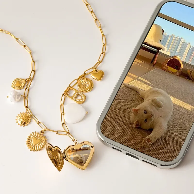 

Pearl-embellished stainless steel photo pendant necklace with retro cross design for women ideal for daily wear and gift