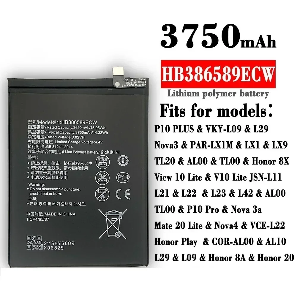 Batería HB386589ECW para Huawei P10 Plus, Honor View 10, Play, Honor 20, Nova 3, Nova 4, 3a, Mate 20 Lite, Honor 8A, 20 L29, 3750mAh