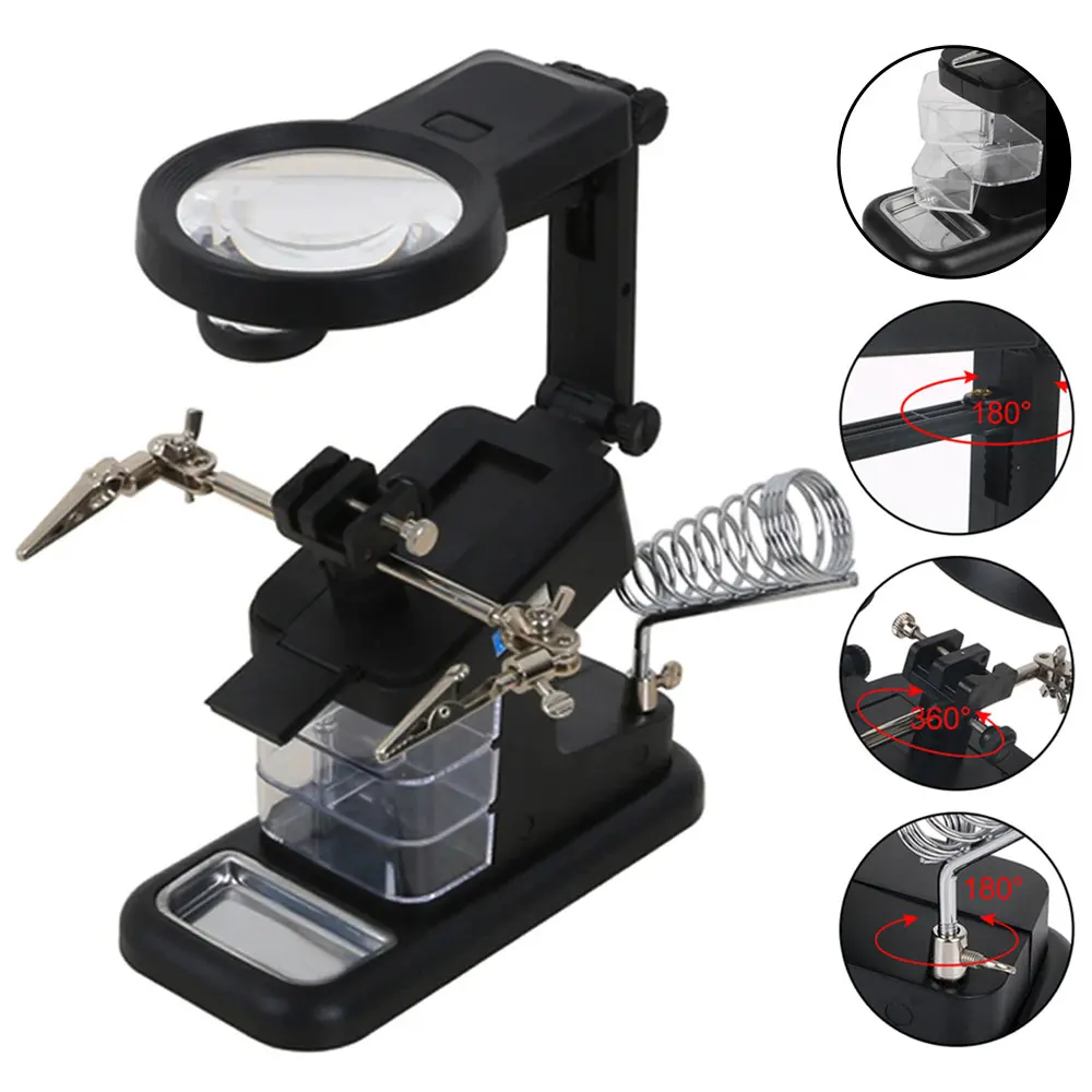 Ferro de Solda Stand Repair Tool Soldagem Lupa Iluminado Lupa Luz Led Clipe Auxiliar Terceira Mão 3x 4.5x 25x
