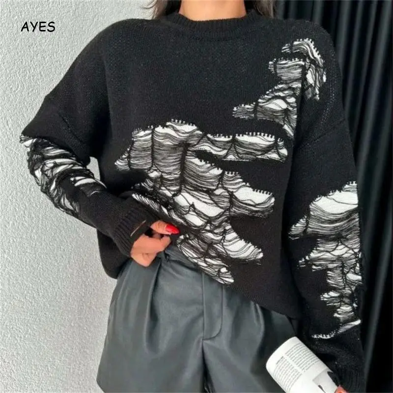 Black Ripped Sweater Loose Thermal Hollow Long-Sleeved Knitted Sweater Women\'S Top Outer Wear Pullover Knitwear Layer Clothing