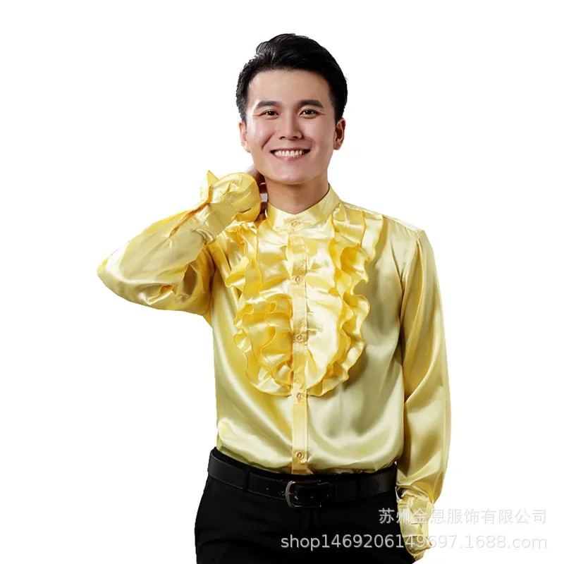 2025 Colorful Pagoda Lace Long Sleeve Shirt for Men, Stage Performance/Studio Photo Shoot/Singer Host/Best Man Male Shirt/camisa