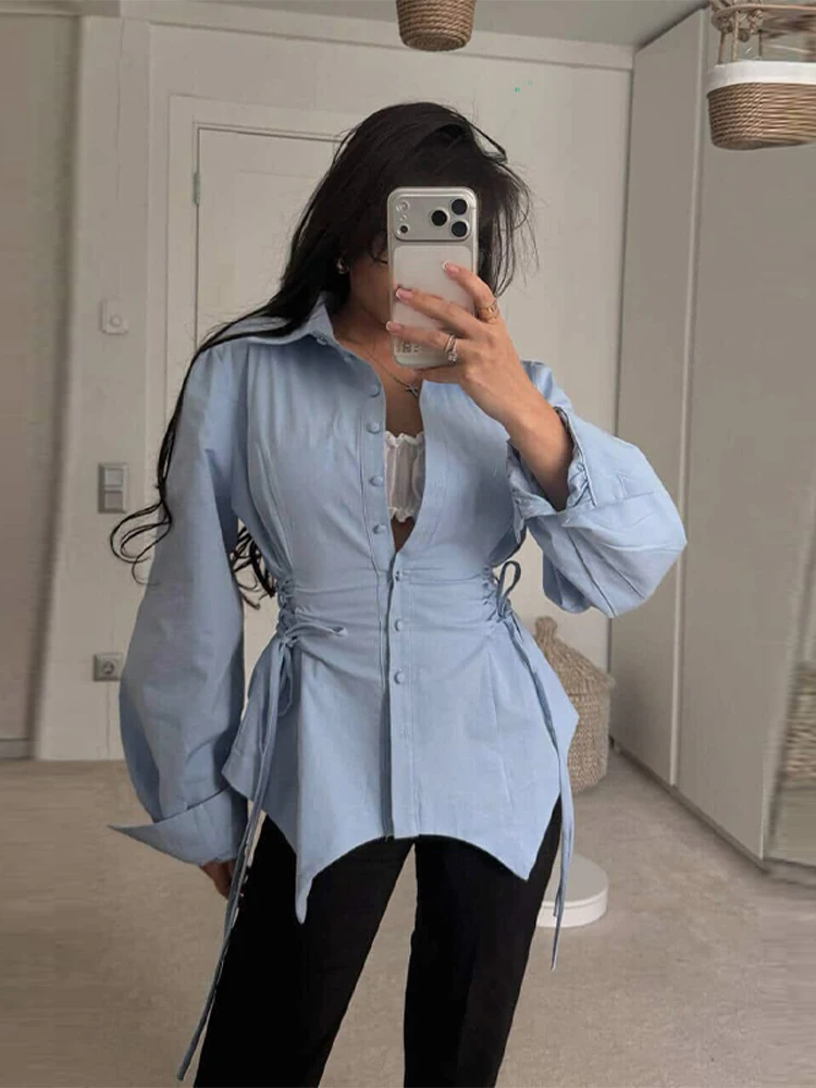 

Модная женская блузка с завязками на талии, отложным воротником, асимметричным подолом и кружевной отделкой, весна-лето 2026, в стиле Y2K, новинка