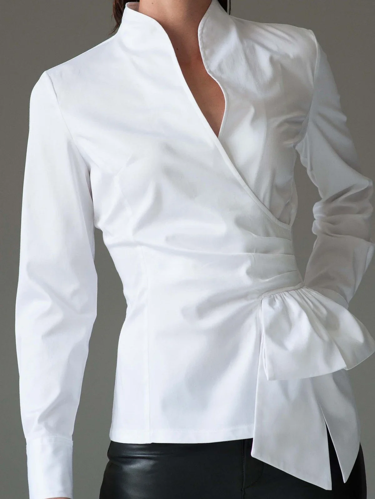 Ruched Elegant Long Sleeve Lady Shirt Fashion Solid Color Stand Collar T-shirt Women Casual Bowknot Plain Blouse for Party Work