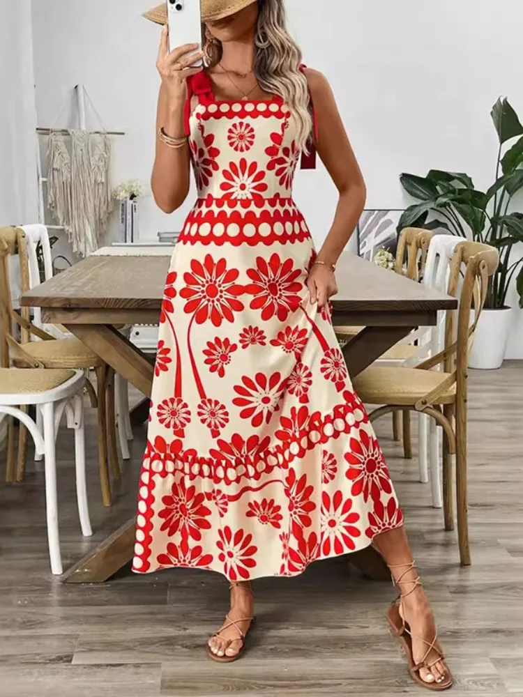 Onecozyday feminino impresso amarrado espaguete-pescoço boho maxi vestido 2025 verão moda férias vestidos de cintura alta vestido plissado