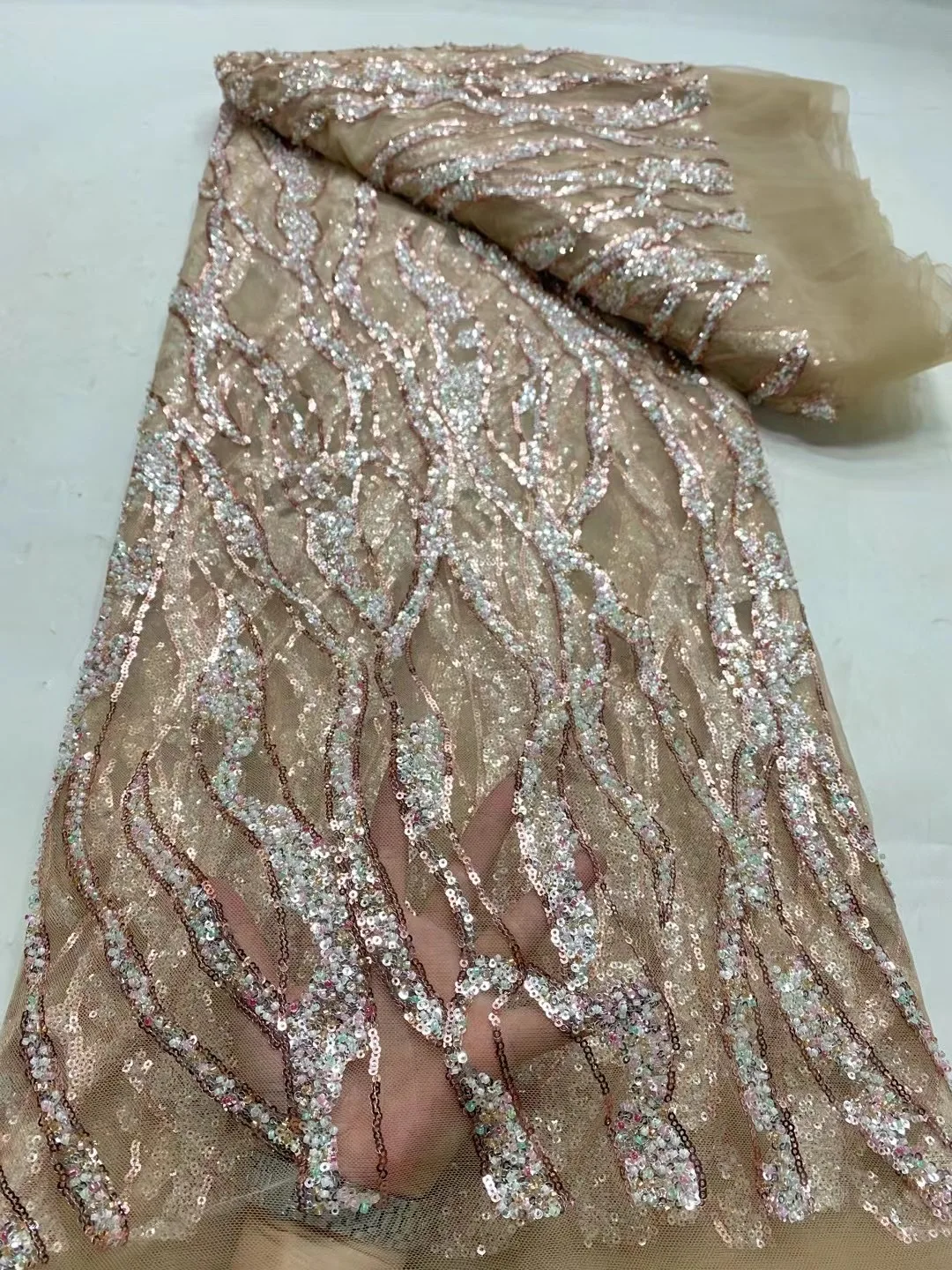 2024 High Quality African Nigeria Tulle Lace Fabric Sequins French Embroidery Wedding Party Dress Beads Stone 5Yards DP0282
