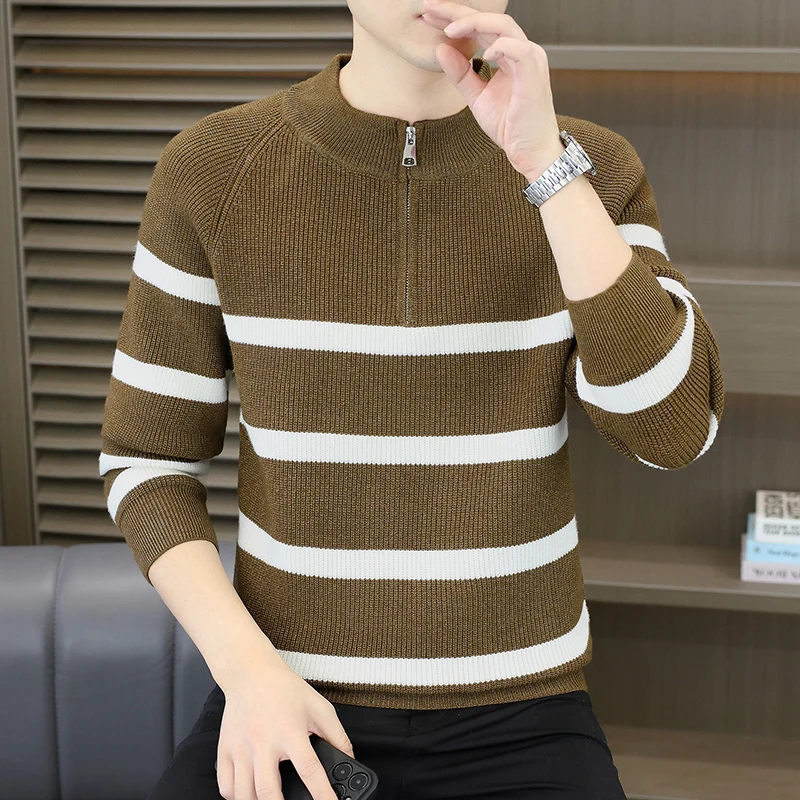 

Осень/зима, корейский полосатый вязаный свитер для мужчин, свитер с длинными рукавами и круглым вырезом на молнии, повседневный деловой универсальный пуловер