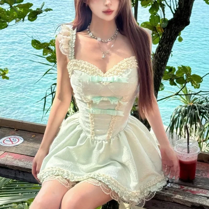 Letnia Zielona Koronkowa Sukienka na Ramiączkach Damska Szyfonowa Codzienna Sukienka Mini na Imprezę Damska Codzienna Sukienka Modna Wyszukana Wyszczuplająca Sukienka Nowość 2025