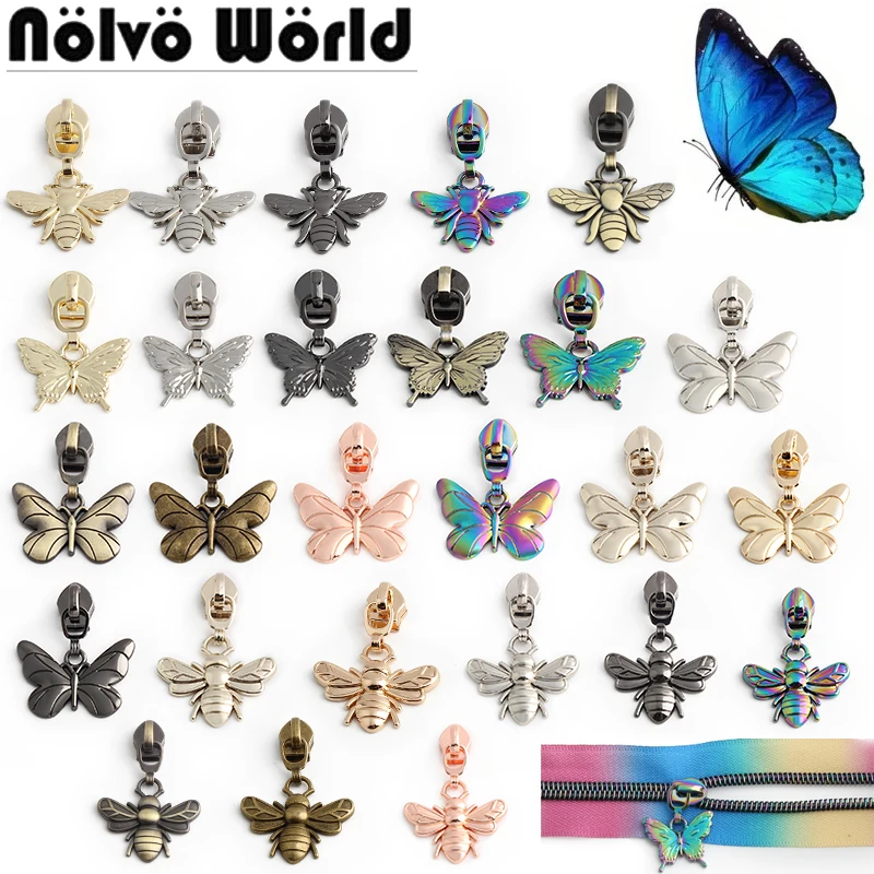 

10/30/200PCS Butterfly/Bee Shape 5# Nylon Cosmetic Metal Zipper Puller Head For Storage Pen Bags Pull Tab Slider DIY Accessories