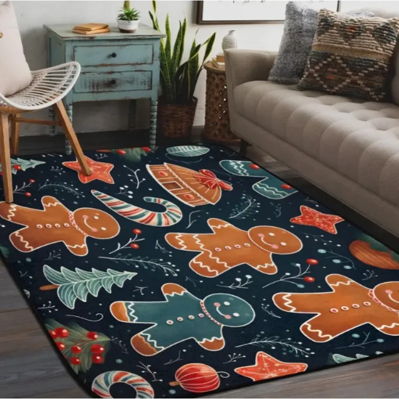 

Christmas Gingerbread Man Candy Striped Area Carpet Polyester Outdoor Carpet Rectangular Living Room Bedroom Terrace Large Mat