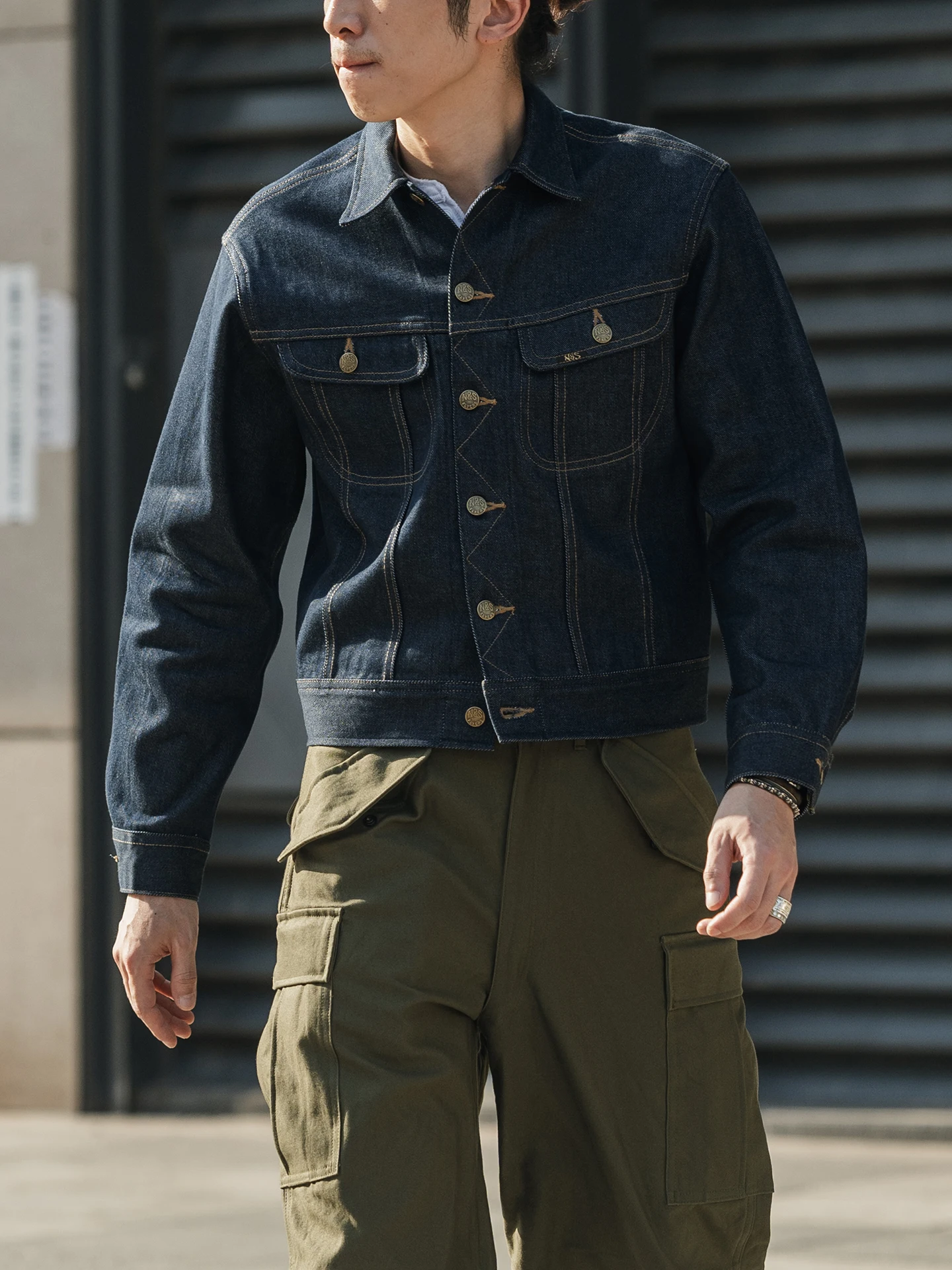 سترة من قماش الدنيم غير المخزون لليد اليسرى سترة سائق شاحنة راكب الدراجة النارية من Sanforized Indigo Cafe Racer #1