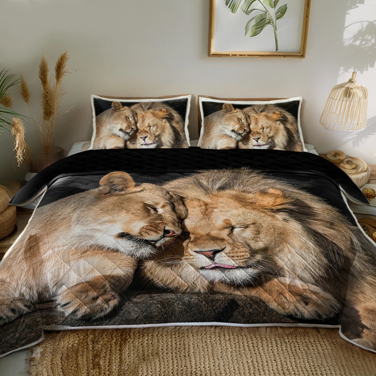 

3PCS Lovely Wildlife Lion And Cub Printed Theme Quilt Set Art Coloured Drawing Mandala Flower Printed Comforter With 2 Pilowcase