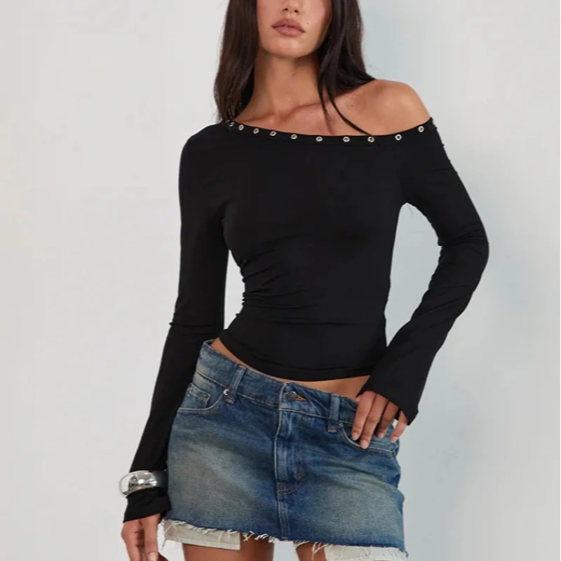 Sexy off-shoulder long-sleeved T-shirt female Ins subculture studs hot drilling pleated waist-fitting slim-fitting top