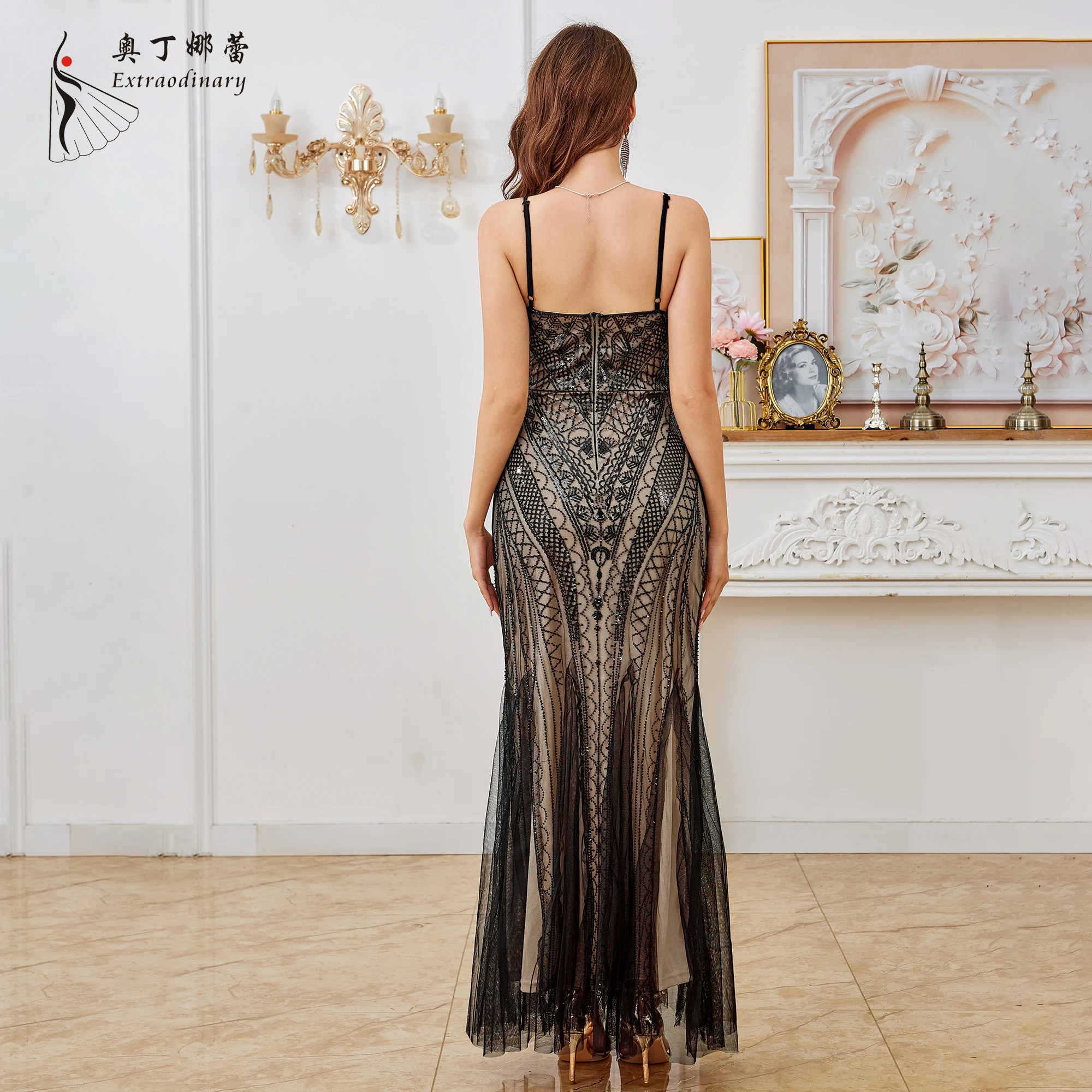 Abito da festa vintage Great Gatsby anni '20 con scollo a V, manica corta, donna, con frange, maxi paillettes, perline, abito da ballo, abito da sera