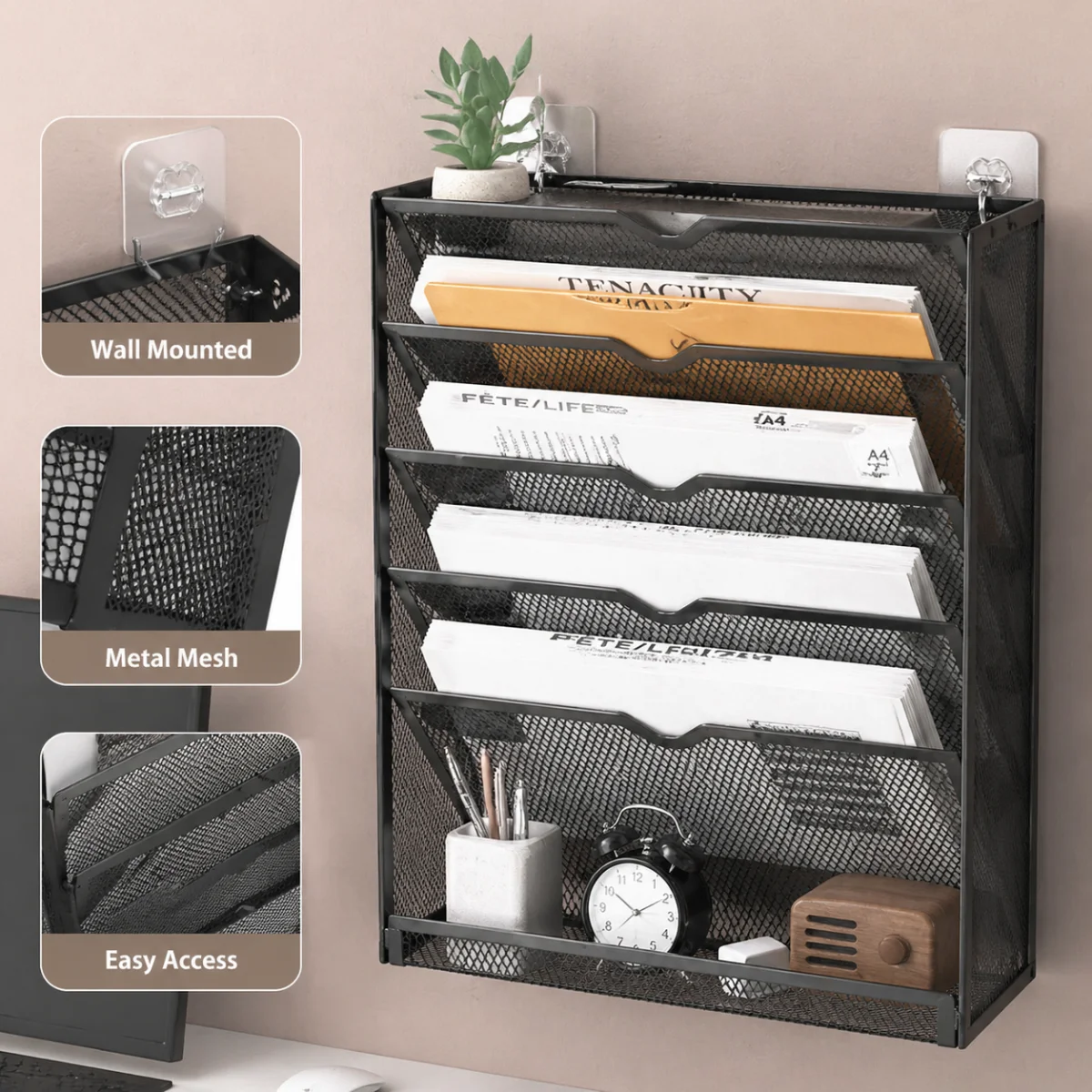 5-Tier Wall File Holder Metal Mesh Document Organizer Slanted Slot Desk Accessory Rack for Office Home School Supplies