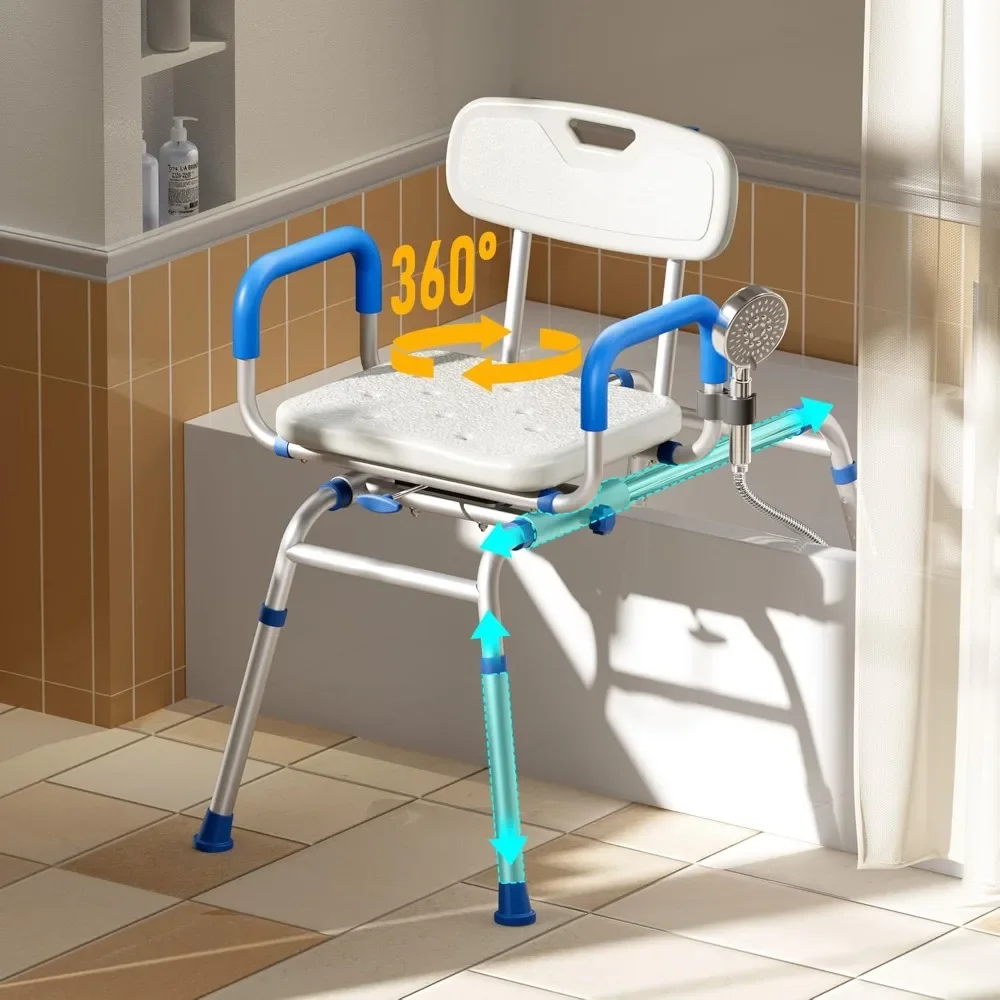 FSA/HSA Silla de ducha corredera iluminable con extraancho 360 °   Asiento giratorio Banco de transferencia para bañera de 330 libras Brazos antideslizantes y acolchados