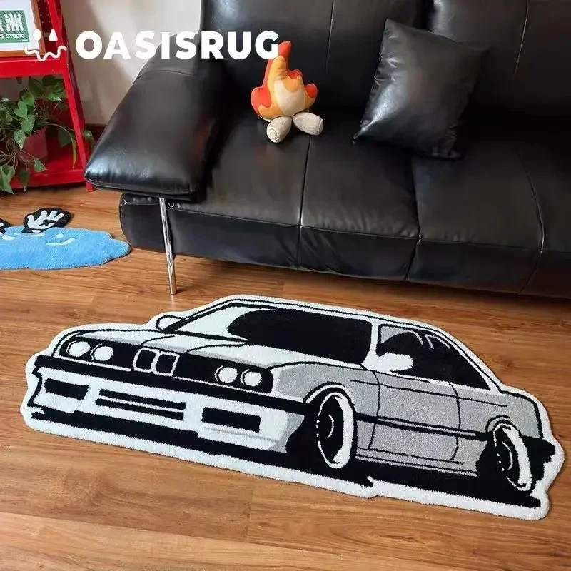 VIKAMA Retro Classic Car Shaped Fluffy Rug Non Slip Soft Plush Auto Style Bedroom Living Room Creative Decor Floor Mat