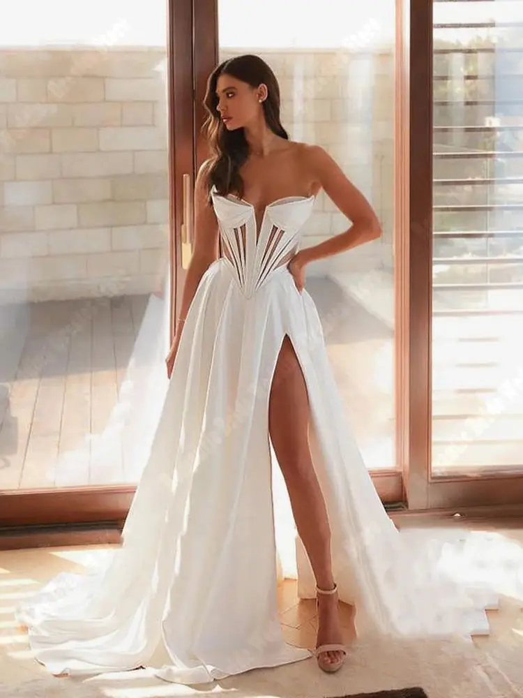 Sleeveless A-Line Women Wedding Dresses Tulle Bridal Gowns A line Mopping Length Sleeveless Forking Princess Vestidos De Novias