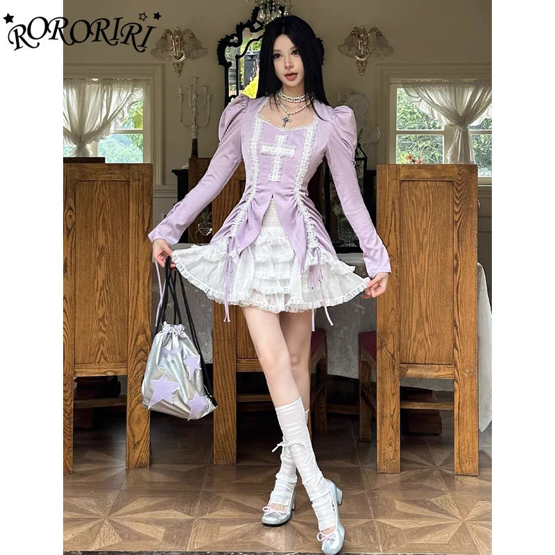 

RORORIRI Cross Lace Trim Top Cake Skirt Women Set Ribbon Puff Sleeves T-shirt High Rise A-line Mini Skirt Gothic Lolita Costume