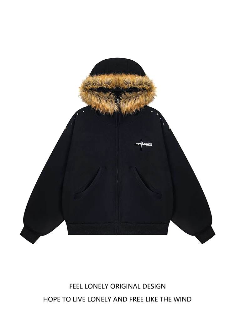 American Style Beaded Large Fur Collar Letter Embroidery Hooded Jacket Unisex Casual Loose Fashion Trend Zipper Sweatshirt