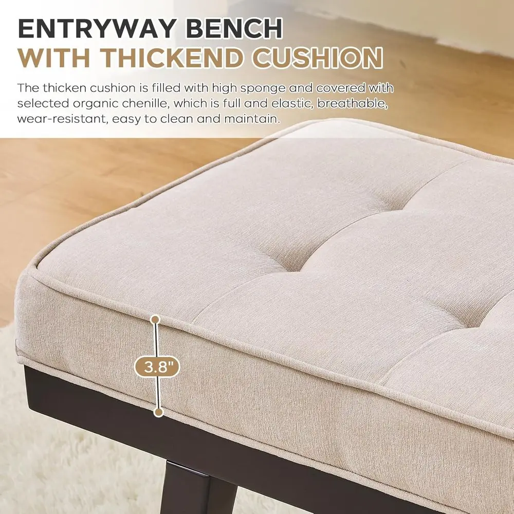 Beige Chenille Tufted Upholstered Ottoman Bench, 47.2 Long Entryway Indoor, Living Room, Dining Room Bench with Rubberwood Legs