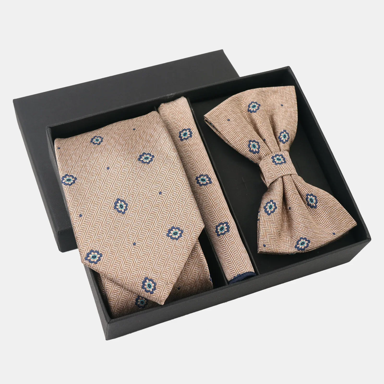 Khaki men's business tie set vintage suit wedding tie bow tie pocket scarf gift box set wholesale