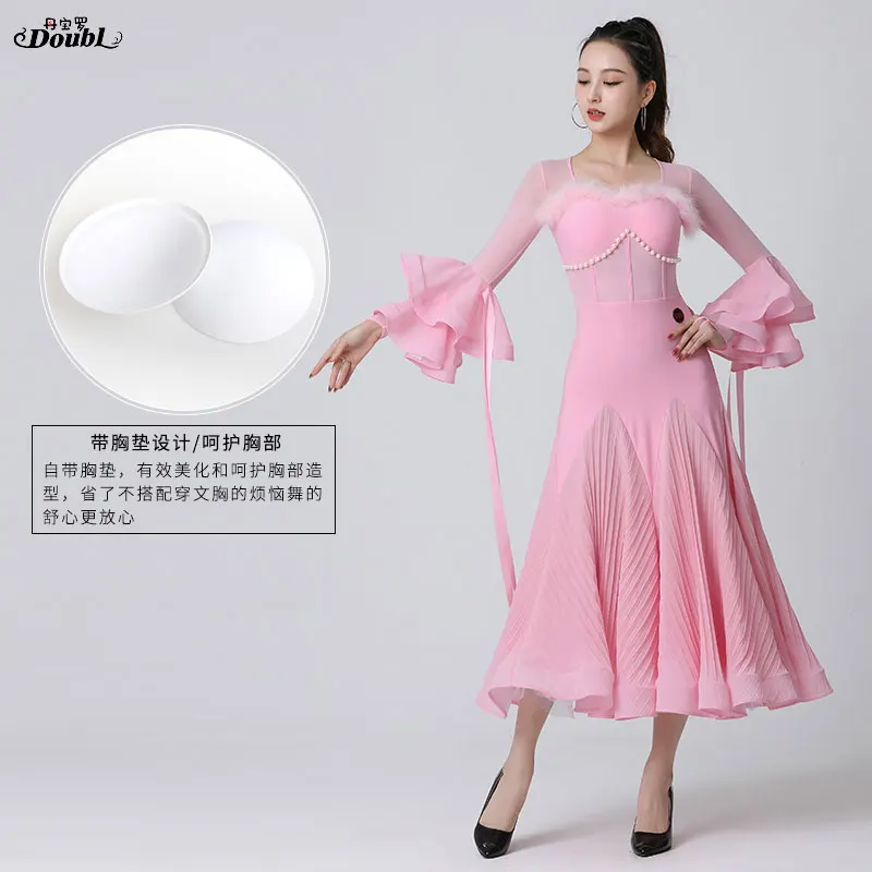 Doubl Pink Morden Dance New Ballroom Dance Waltz Dress Dance Suit Practice Dress Long Sleeves