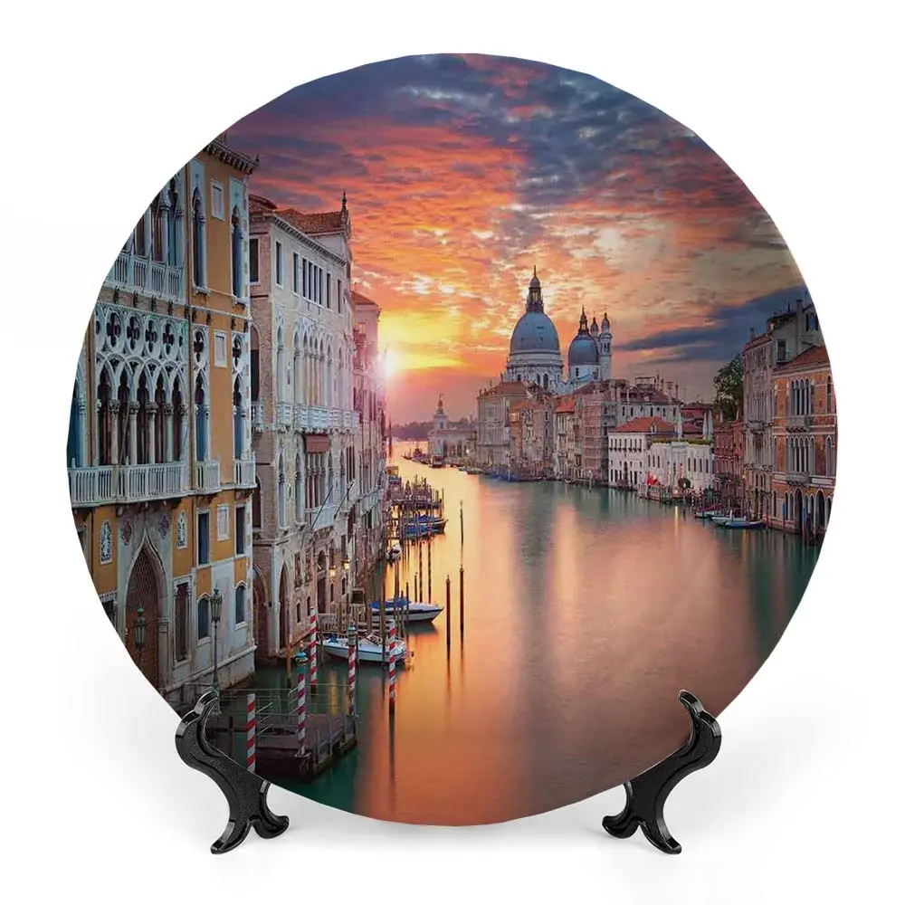 City Decorative Ceramic Plates, Ceramic Plates, Decorative Dish with Stand, for Display Handmade Ceramic Wall Hanging Decors