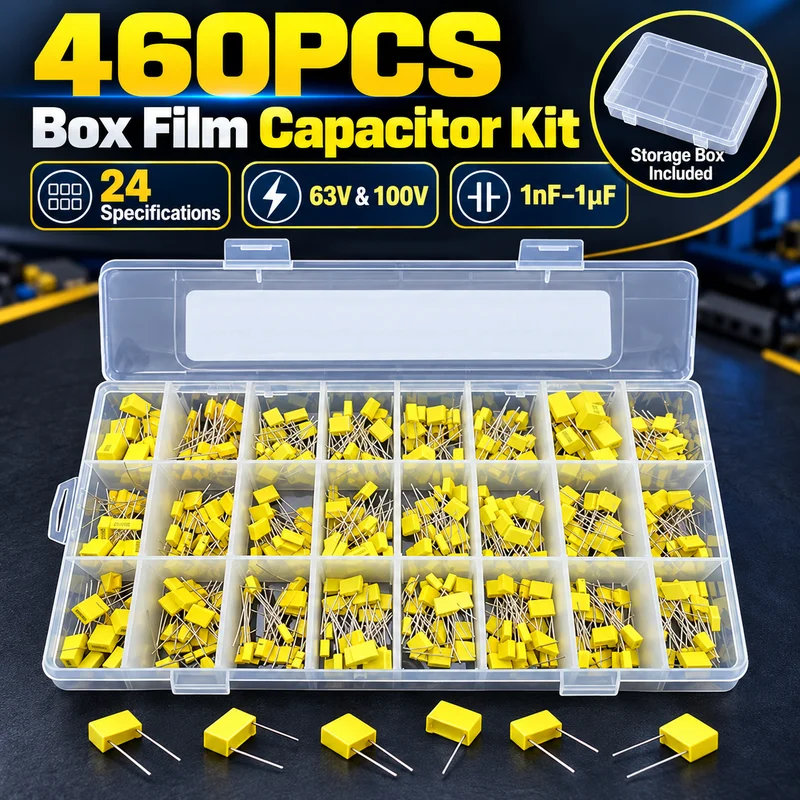 460PCS Box Film Capacitor Assortment Kit 24 Types 63V 100V 1nF-1uF 102J-105J Radial Through Hole Capacitors Storage Box