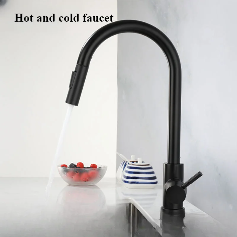 

Brushed black gold kitchen faucet hot and cold retractable vegetable basin faucet 304 stainless steel pulling sink faucet