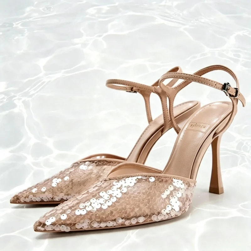 Fashion Sequins Decorate Mesh High Heels Women Sexy Pointed Toe Ankle Strap Buckle Stiletto Sandals Elegant Party Dress Shoes