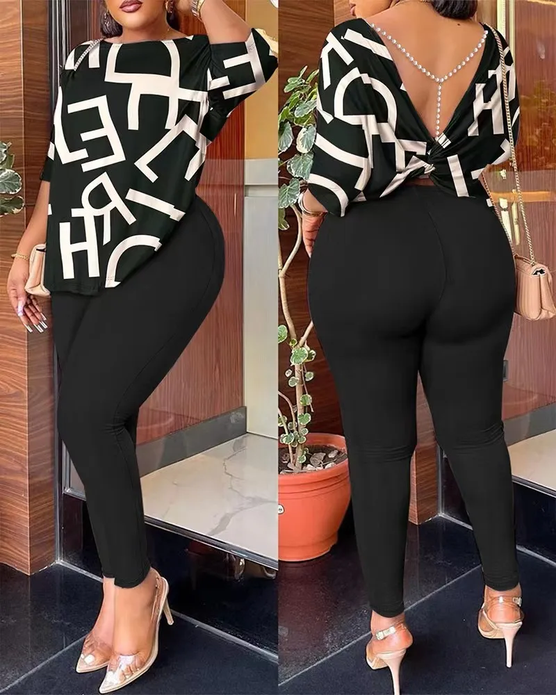 2-częściowy strój damski Casual Printed Backless Kink Round Neck Long Sleeve Top High Waist Pants Set Spring Fashion Streetwear