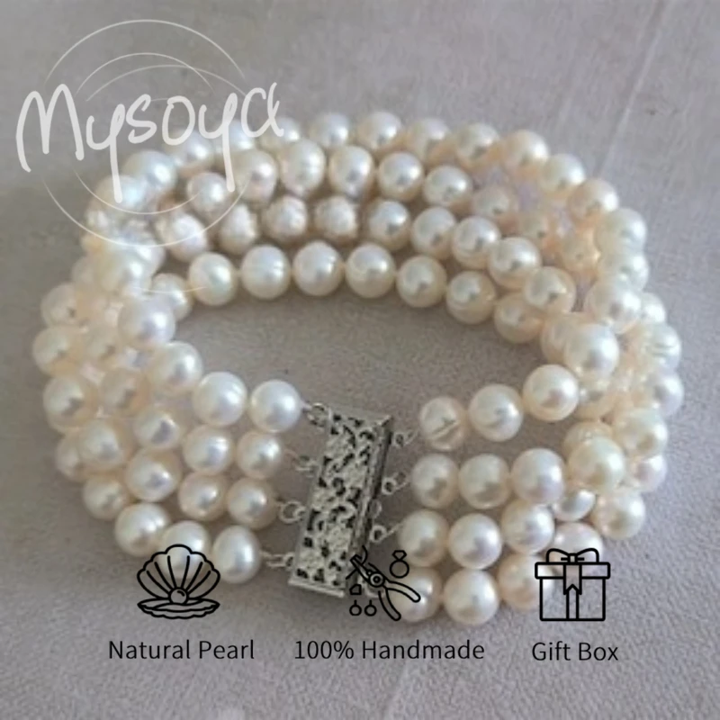 

MYSOYA Four-layer White Freshwater Pearl Bracelet 7-8mm With Gift Box For Her/ Him Perfect For Birthday Wedding Valentine's Day