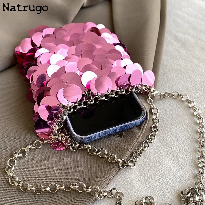 Metal Sequins Chain Woven Bag Evening Bag 2024 Pink Luxury Designer Women Bags Clutch Female Travel Holiday Shoulder Bag Handbag