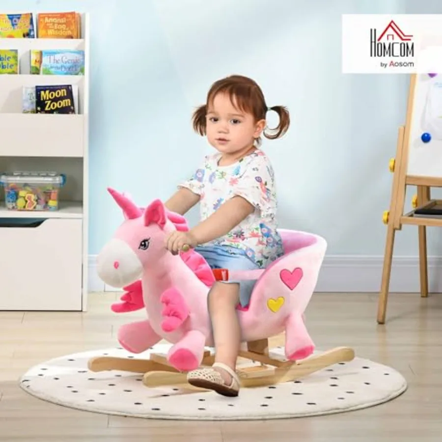 Baby Rocking Horse, Ride on Unicorn with 32 Songs, Toddler Rocker Toy with Wooden Base Seat Safety Belt for 1.5-3 Year Old, Pin