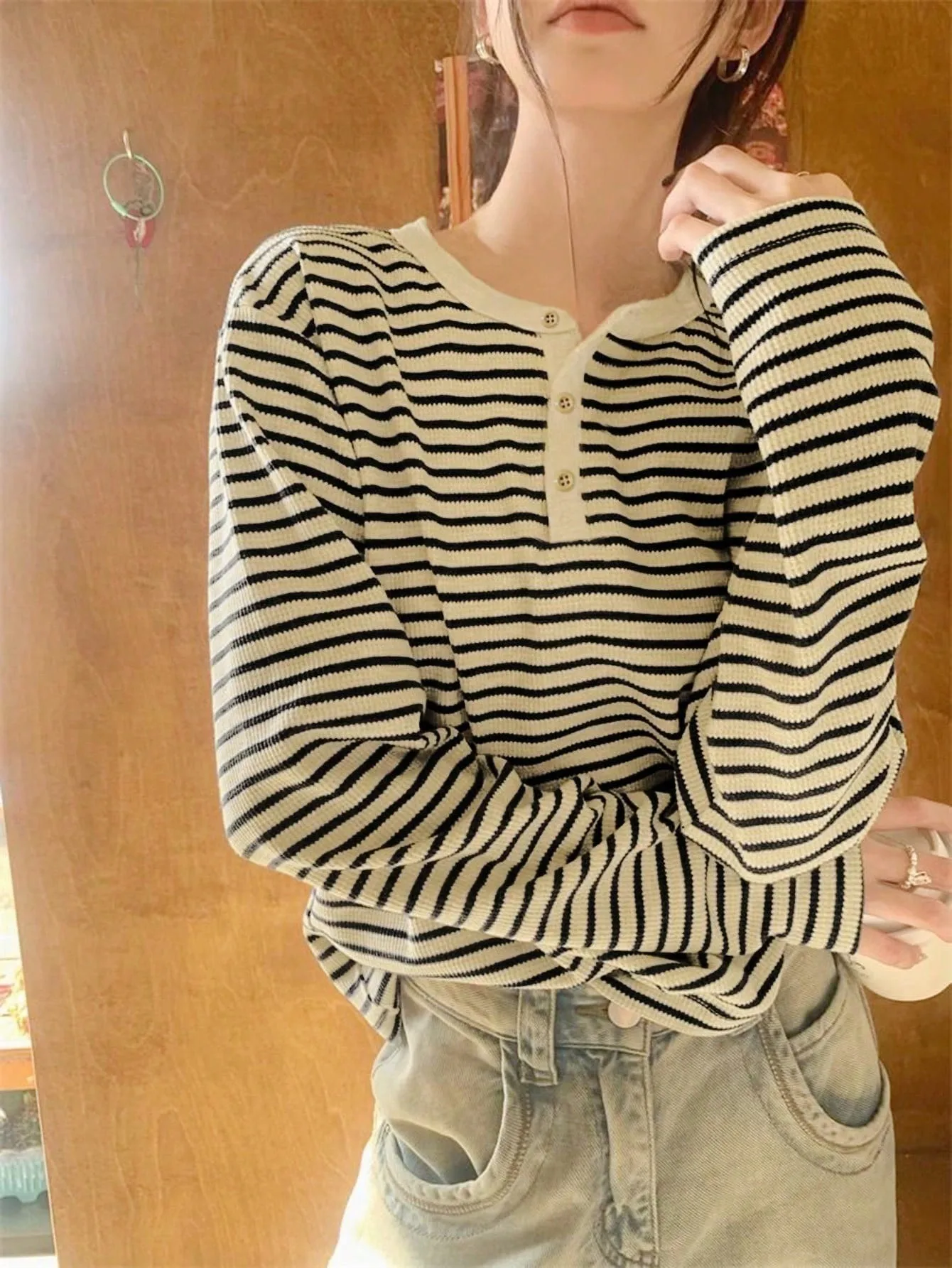 Korean Chic Spring & Fall Basic Half-Open Collar Stripesd Long-Sleeved Bottoming Top for Women