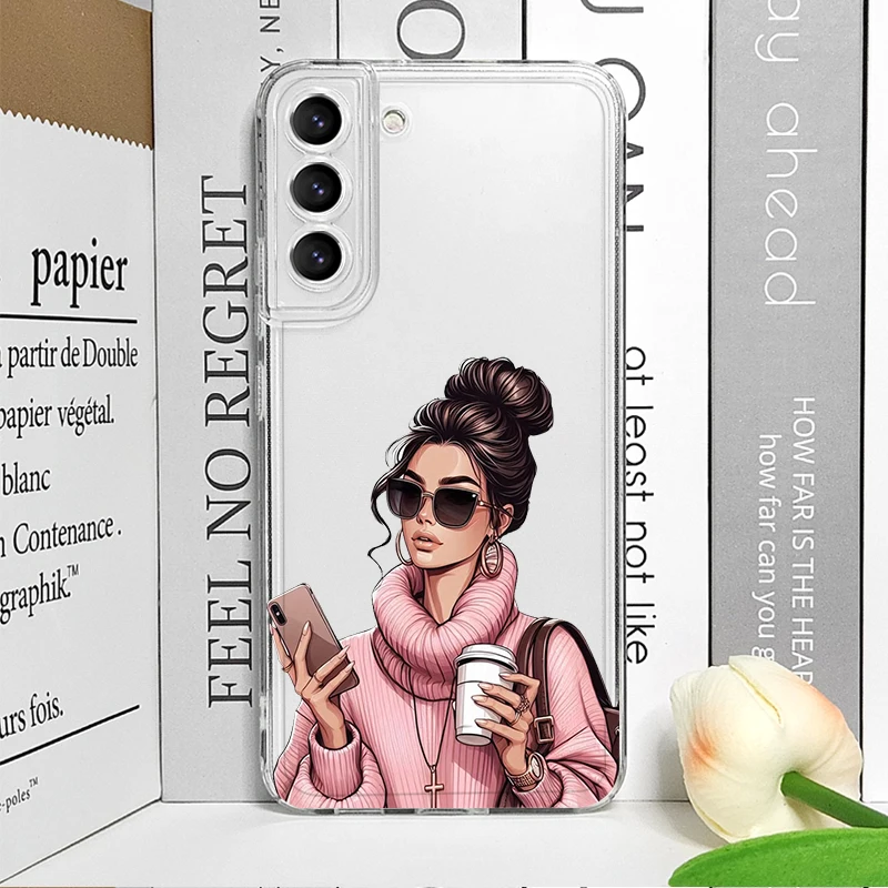 Fashion Girl Women Coffee Miss Transparent Phone Case for Samsung Galaxy S25 S24 S23 S22 S21 S20Plus Ultra FE A55 A54 Soft Cover