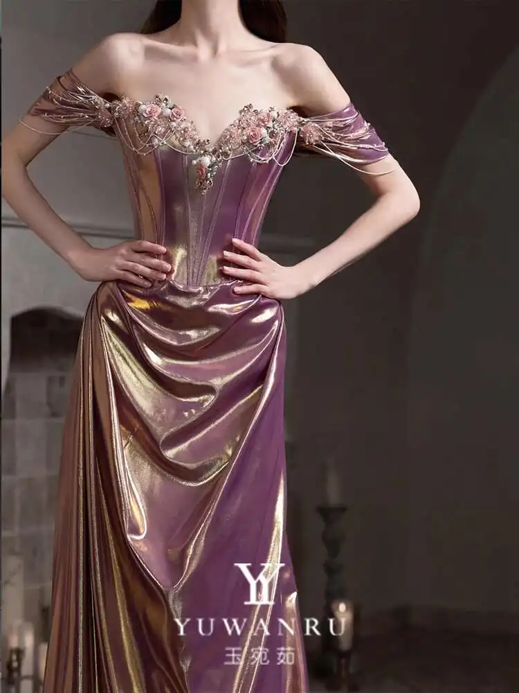 Nieuwe Paarse Avondjurk Geavanceerd Gevoel Licht Luxe Banket Party Worden Verloofd Toast Pak Rok Vrouwelijke Vrouwen Off Schouder