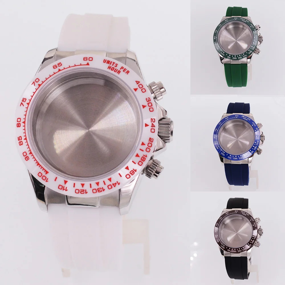 40mm Sapphire Glass Stainless Steel Watch Cases Rubber Strap Fit Japanese VK63 Movement White/Blue/Green/Black