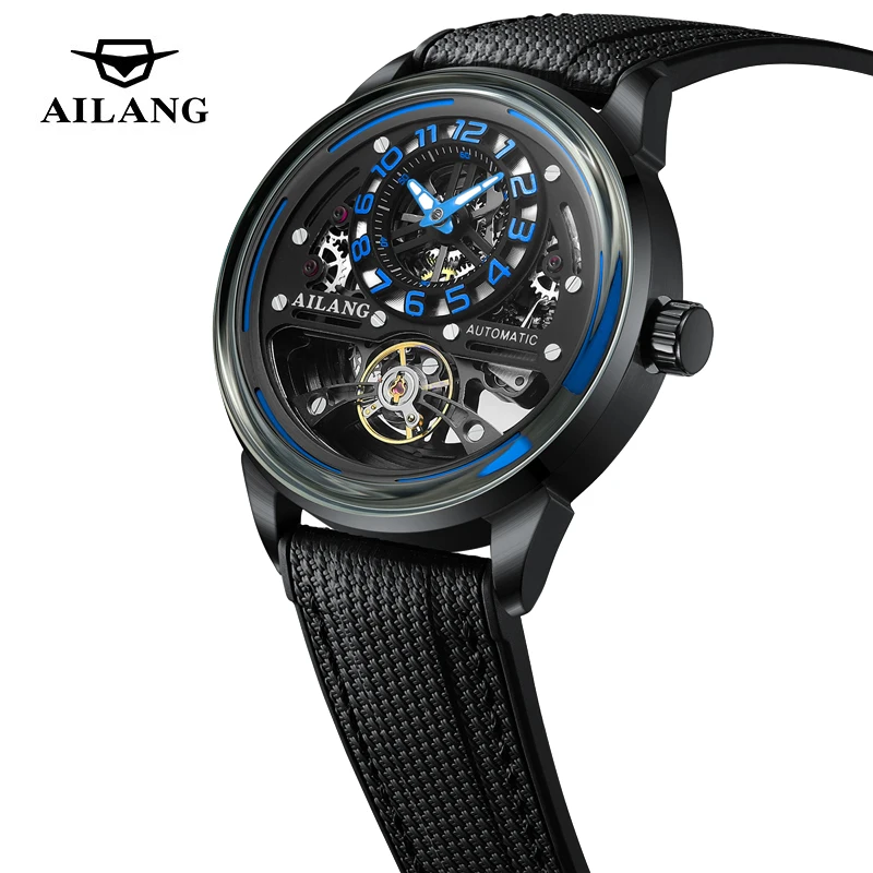 AILANG Brand Luxury Tourbillon Watch Man Fashion Hollow Mechanical Watches Mens Sports Waterproof Silicone Automatic Watches Men