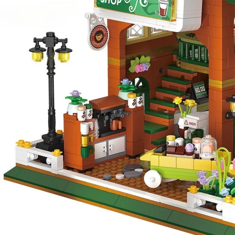 Creative Streetscape Architecture Bear Coffee House Building Blocks City Street View Cafe Shop Model Holiday Gifts Kids Toys