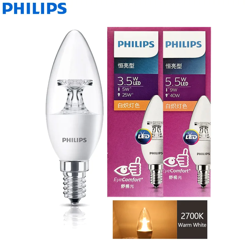 

Philips LED Candle E14 Lamp 3.5W 5.5W B Bulb MyCare 2700K Warm EyeComfort Light 220V-240V Clear LED Crystal Chandelier Lamp, 1x