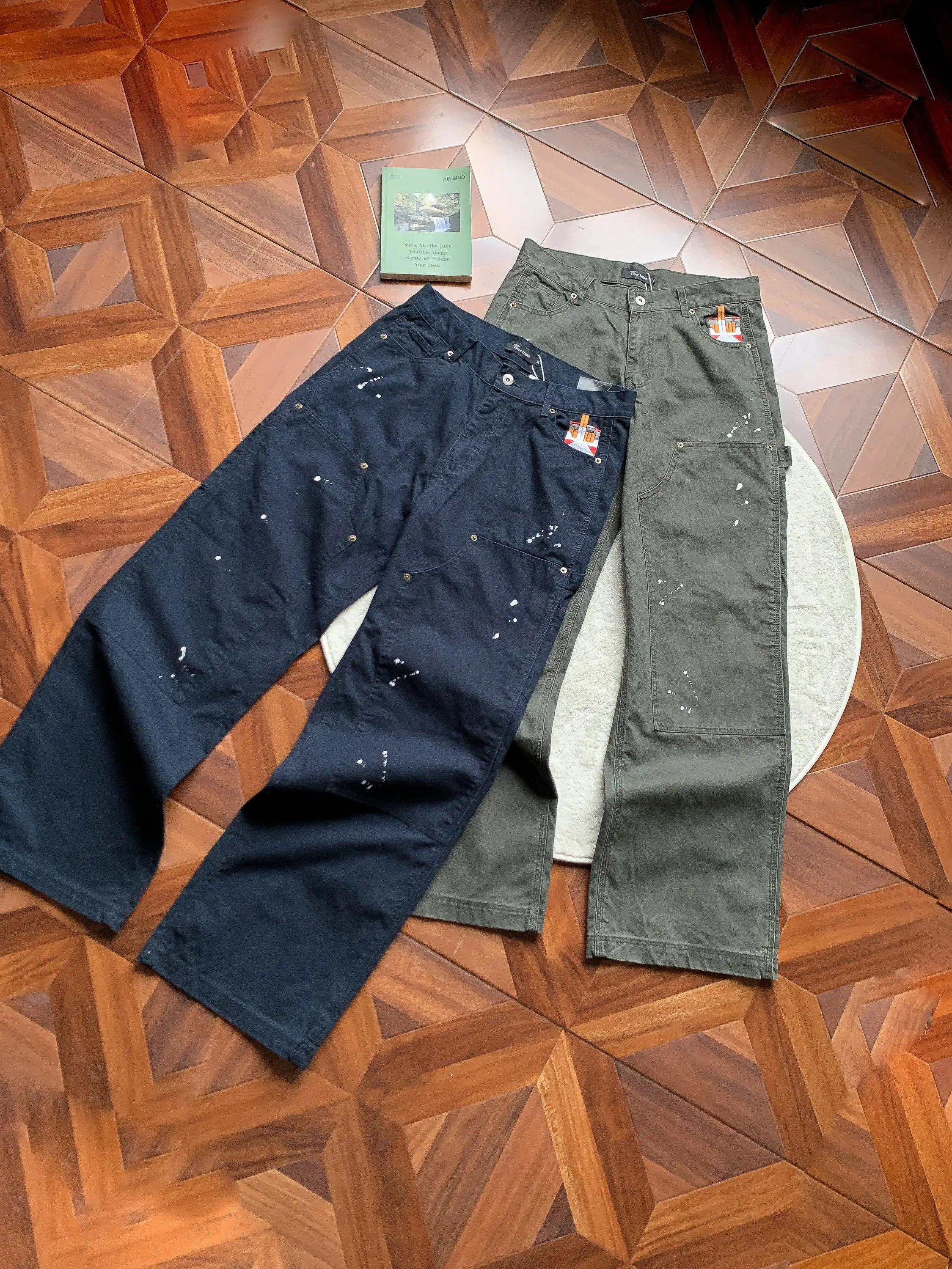 

Retro American High Street Washed Distressed Double Knee Rivet Logging Pants Loose Straight Leg Wide Leg Casual Workwear