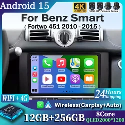 Android 15 Carplay Auto Car Radio for Mercedes Benz Smart Fortwo 451 2010 2011 2012 2013 2014 2015 Multimedia Player GPS 4G+WIFI