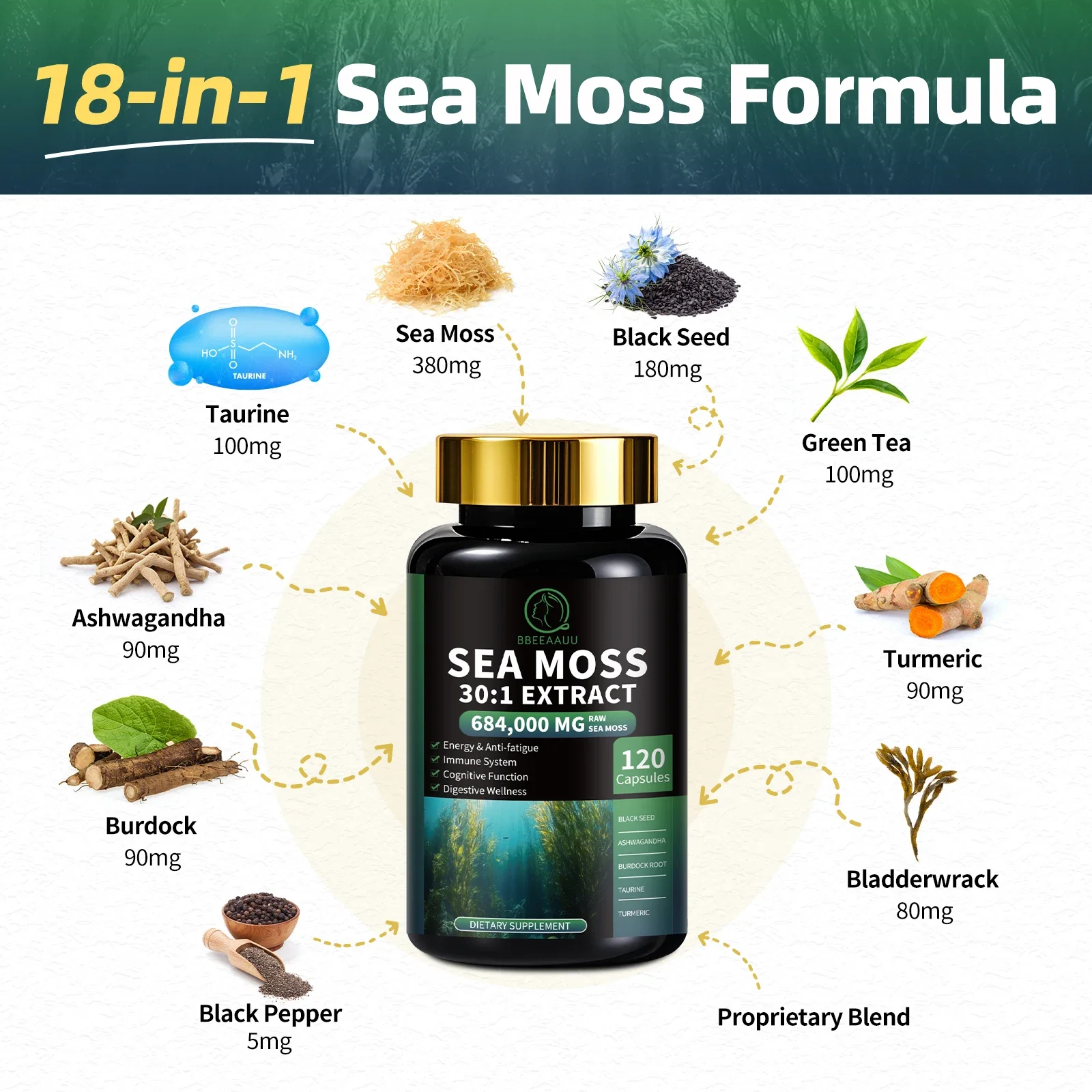 

Bbeeaauu Sea Moss 30:1 Extract with Ashwagandha Energy & Anti-Fatigue Immune System Cognitive Function Digestive Wellness